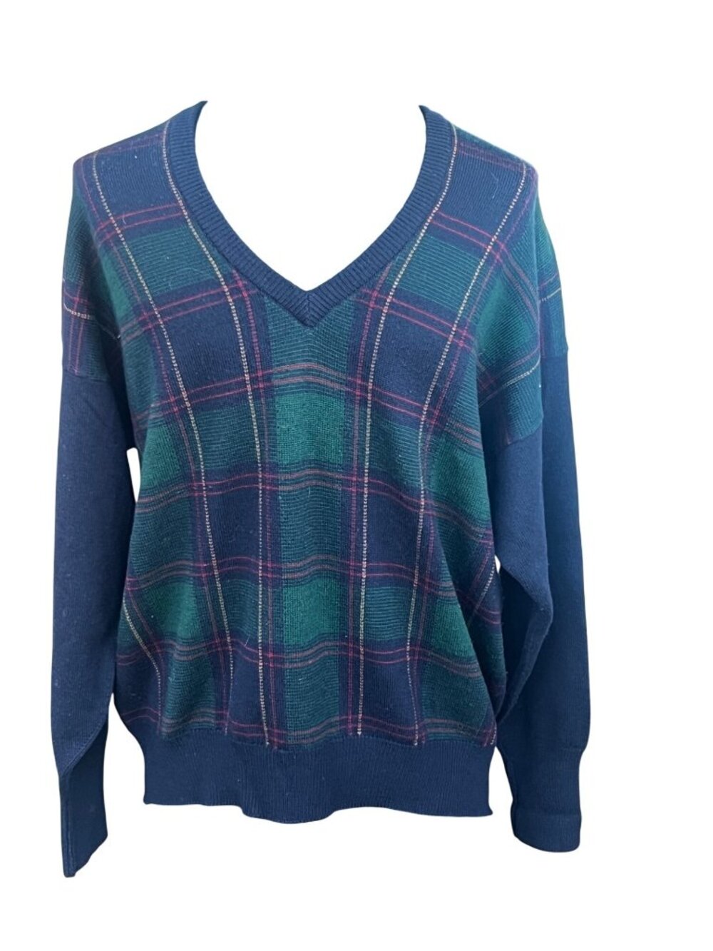 Clark & Gregory Scotland Mens XL Green Plaid Merino Wool V-Neck Sweater
